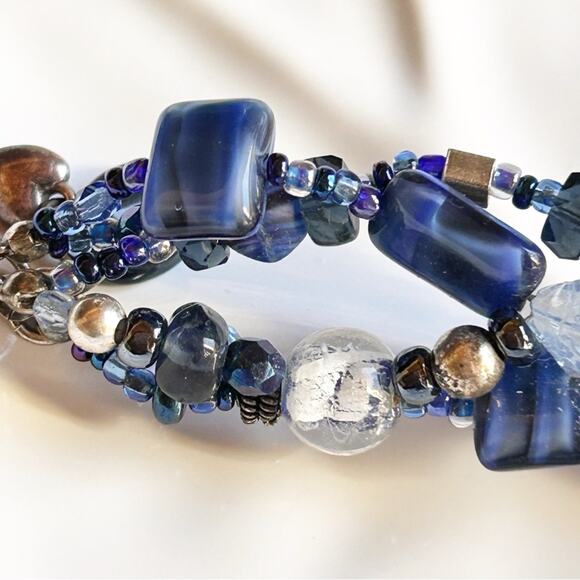 Blue Chunky Glass Multi Strand Bracelet Sterling Silver 925 Heart Clasp - Picture 6 of 9